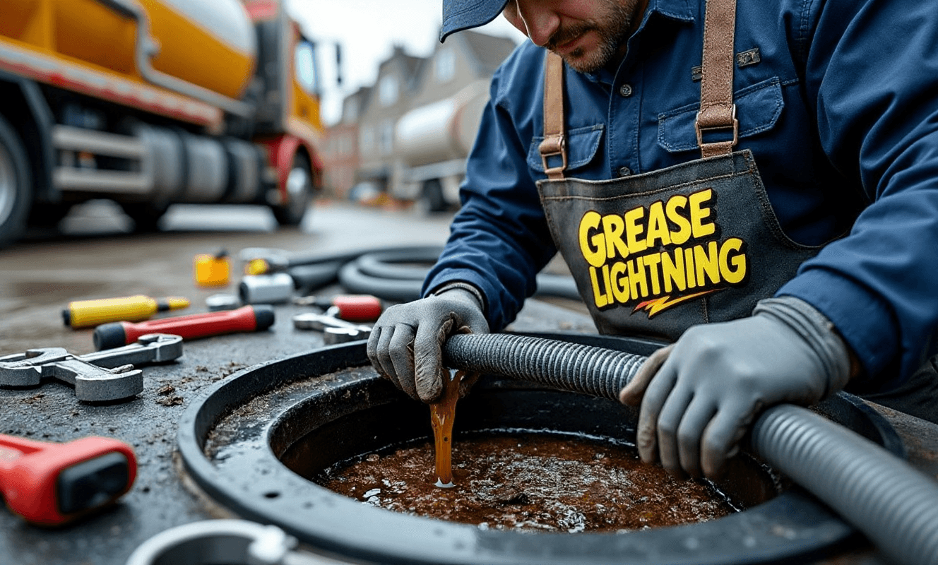Grease Lightning technician servicing a commercial grease trap in Edmonton